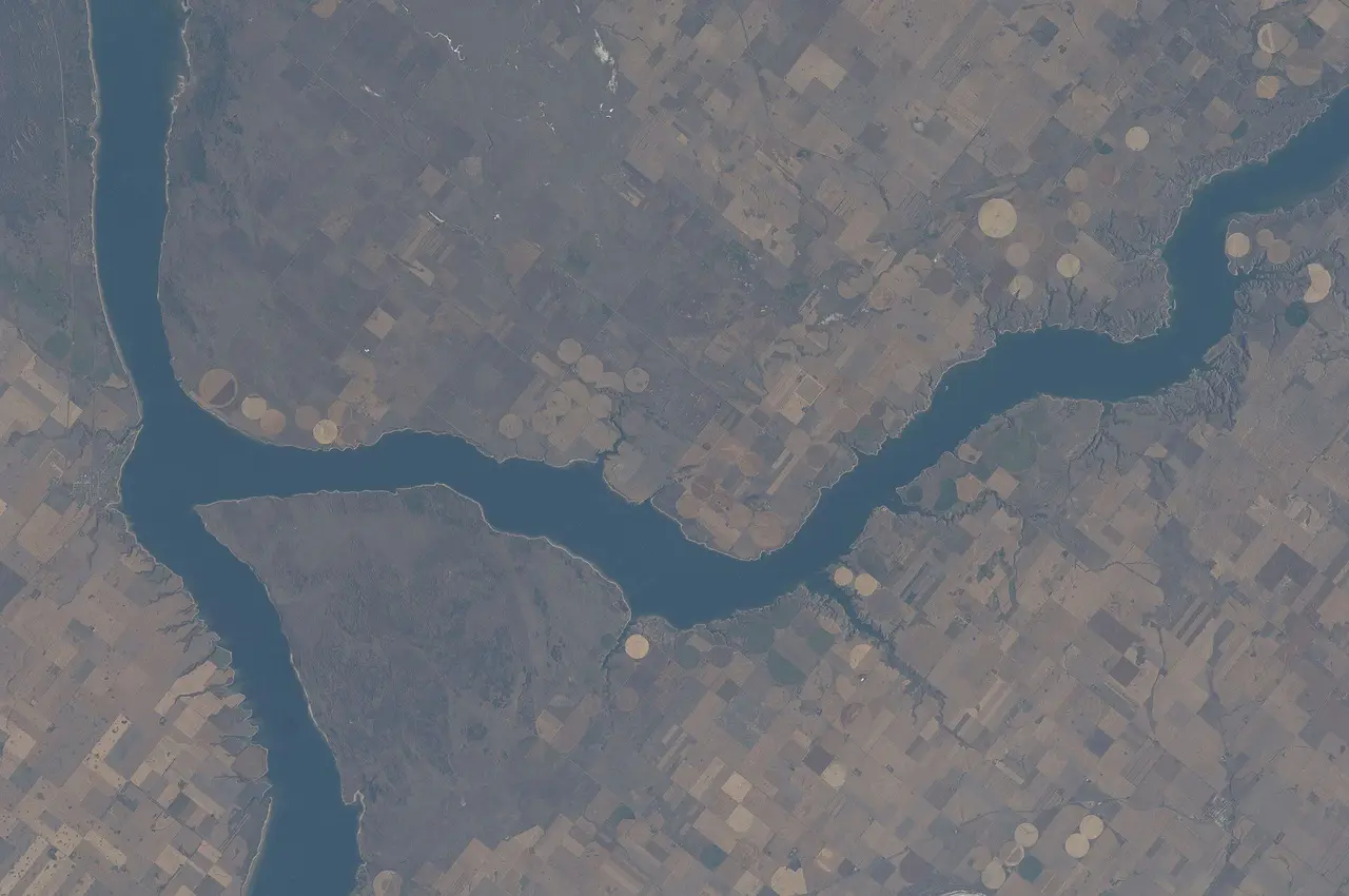 Aerial view of Lake Diefenbaker and surrounding farmland from space, 2009