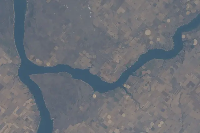 Aerial view of Lake Diefenbaker and surrounding farmland from space